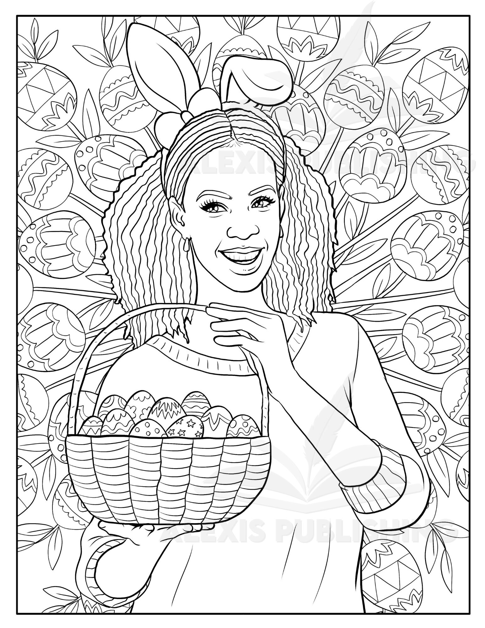 Black woman easter coloring page melanin girl illustration printable pages for stress relieving for relaxation easter gift