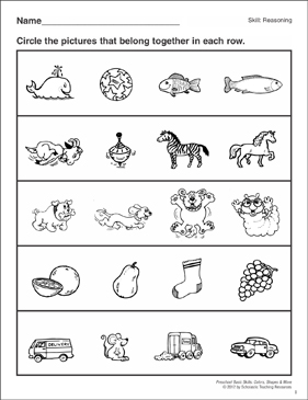 Things that go together preschool basic skills reasoning printable skills sheets