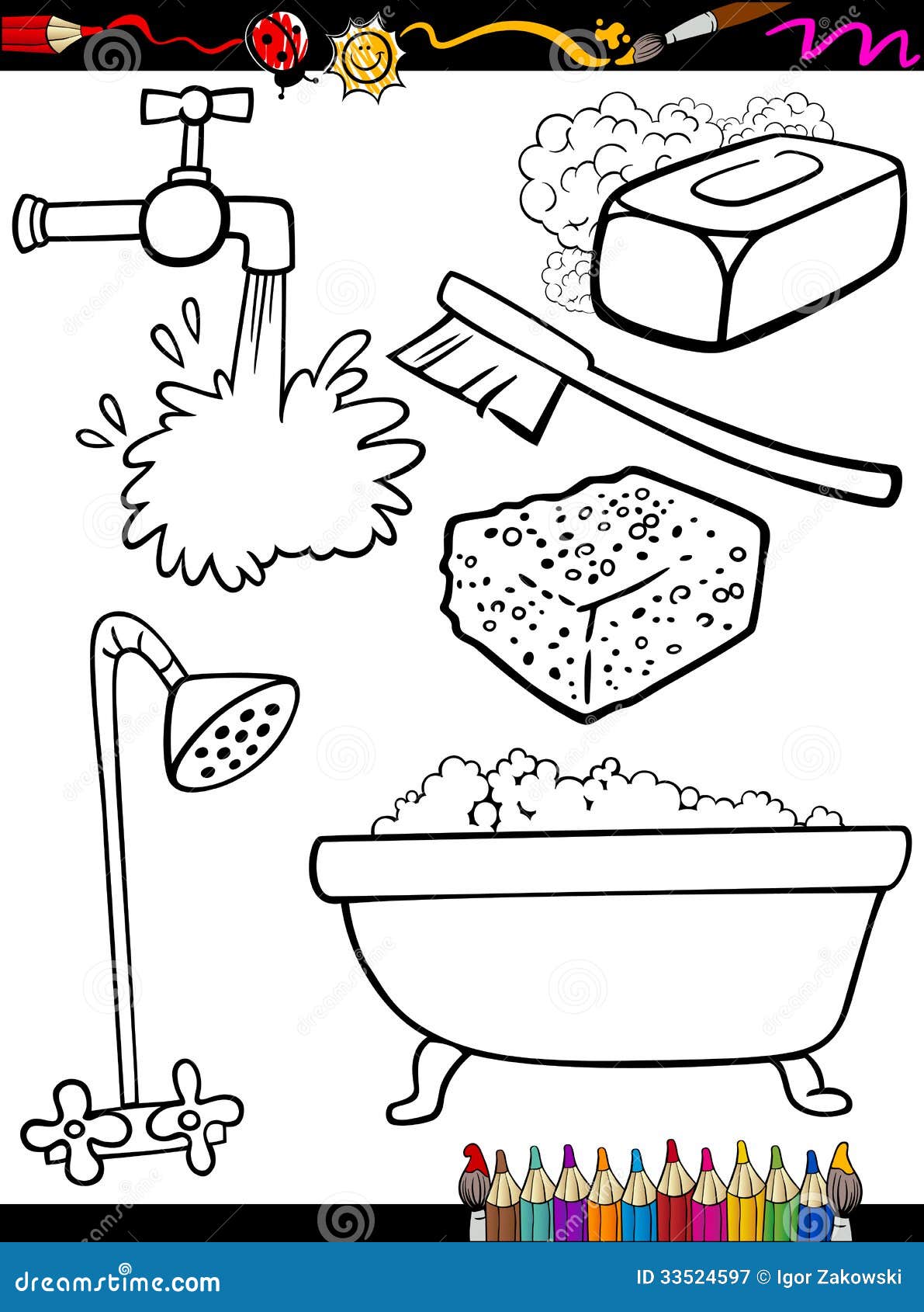 Cartoon hygiene objects coloring page stock vector