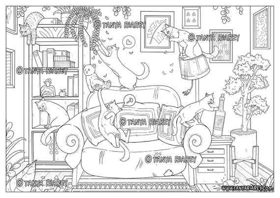 Coloring book adults cat colouring page aesthetic room coloring modern interior coloring plants and cats instant download instant download