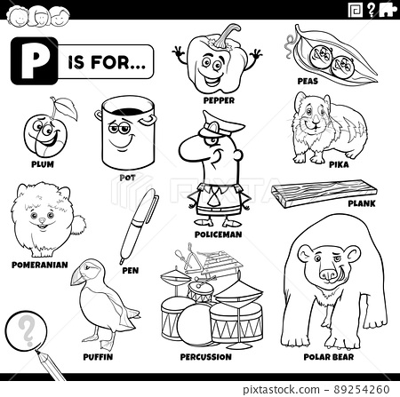 Letter p words educational set coloring book page
