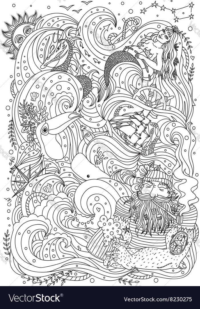 Monochrome sea ornament for adult coloring book vector image