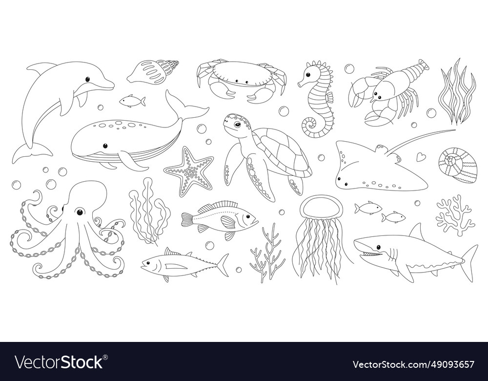 Sea and ocean animals coloring page royalty free vector
