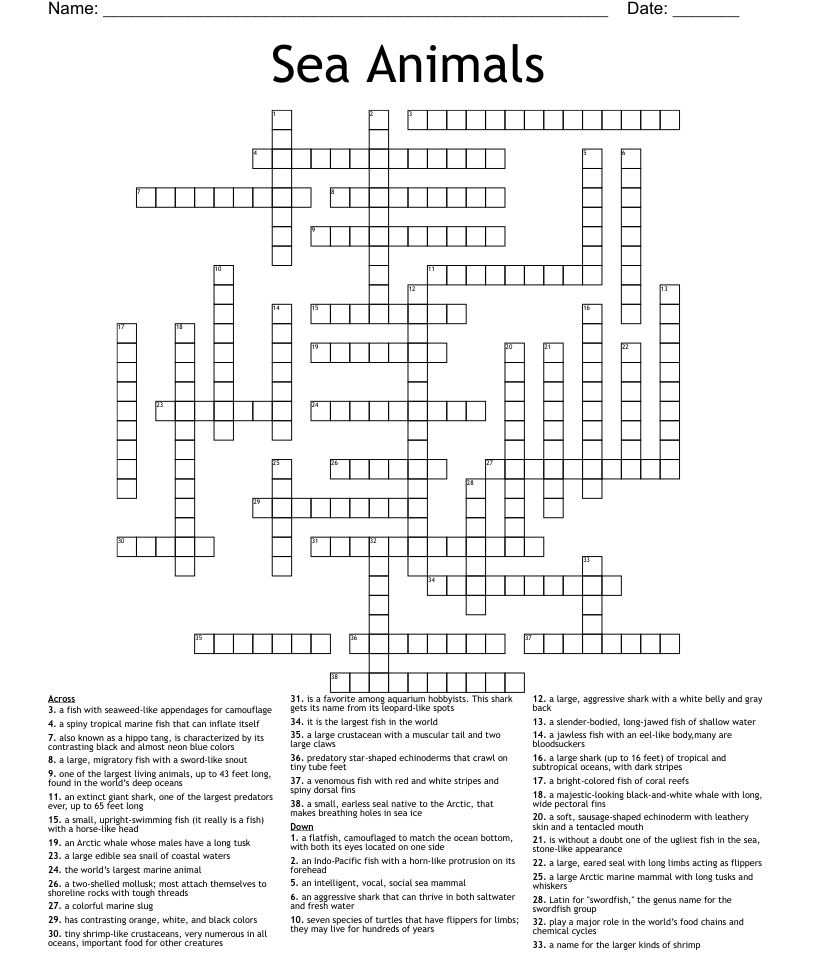 Sea animals crossword