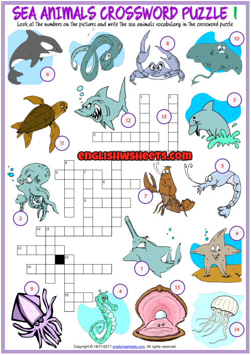 Sea animals crossword puzzle esl printable worksheets sea animals word puzzles for kids crossword