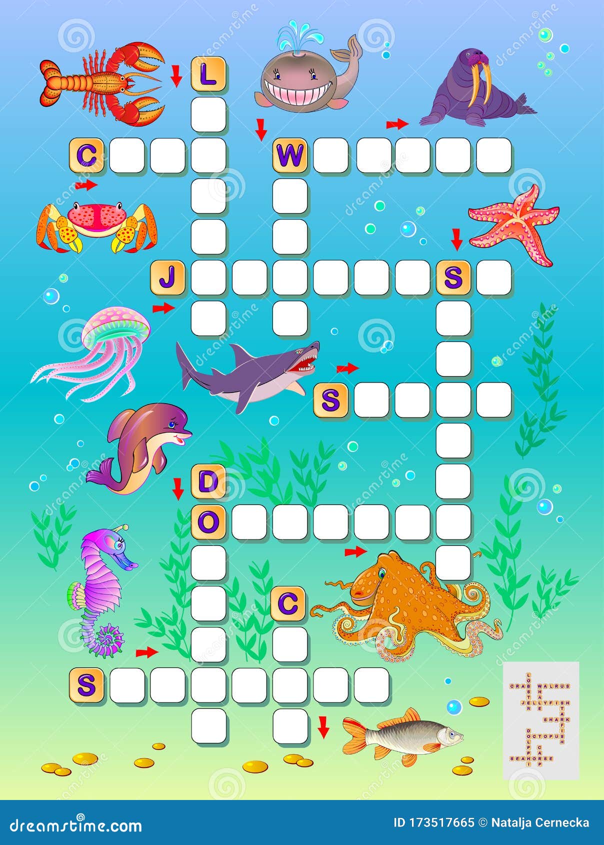Crossword puzzle game for kids with sea animals educational page for children to study english language and words stock vector