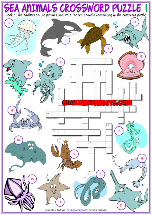 Sea animals esl printable crossword puzzle worksheets