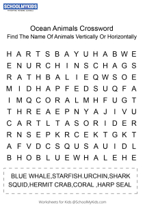Ocean animals crossword puzzle worksheet for kindergartenfirst grade