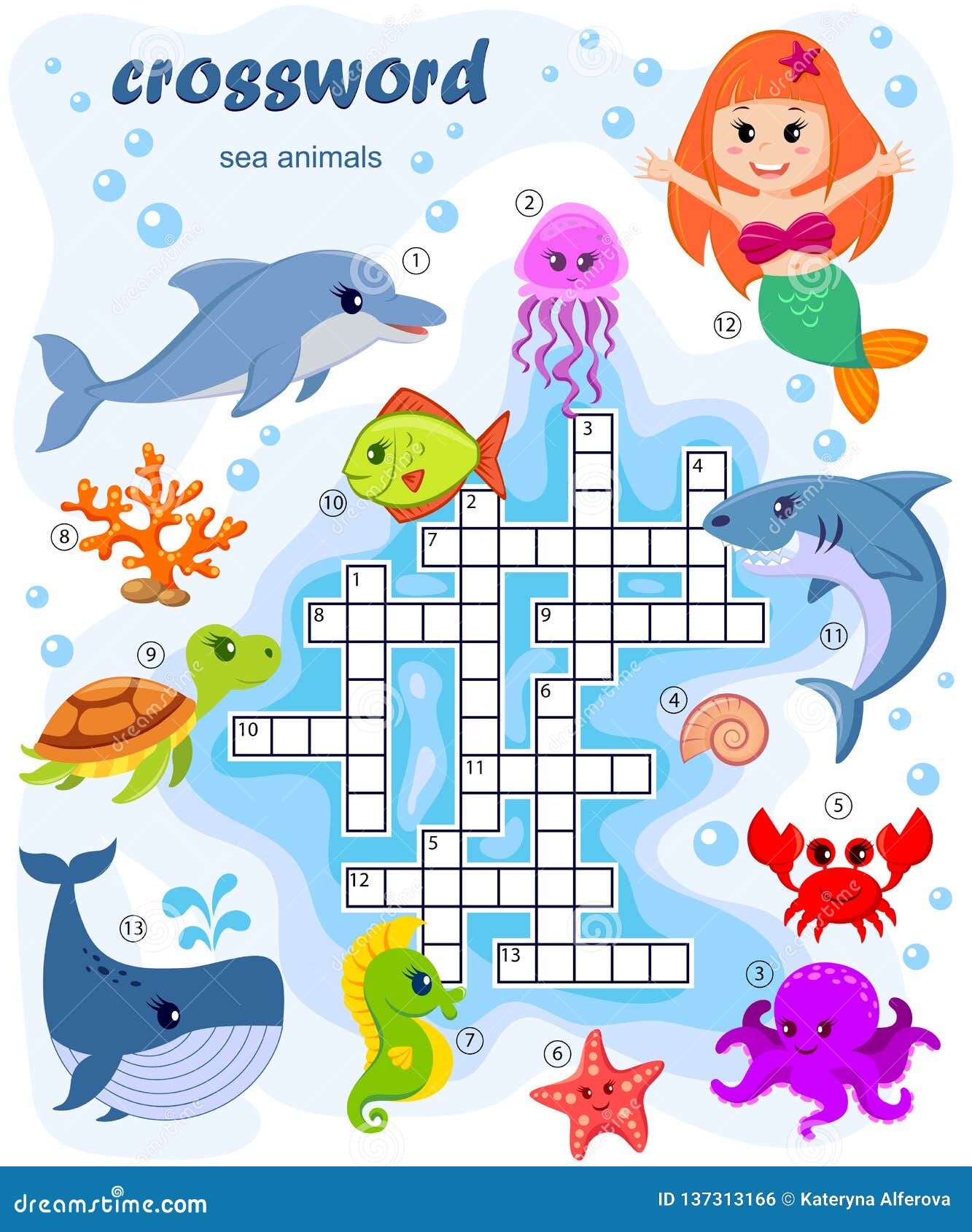 Crossword puzzle game of sea animals stock vector