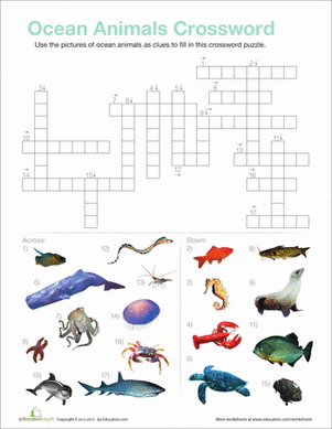 Ocean animals crossword worksheet education ocean animals sea activities camping crafts