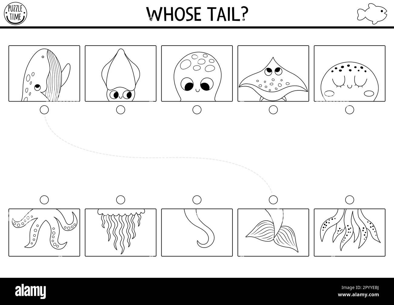 Under the sea black and white connect halves worksheet matching game coloring page for preschool kids with ocean animals match heads and tails lin stock vector image art