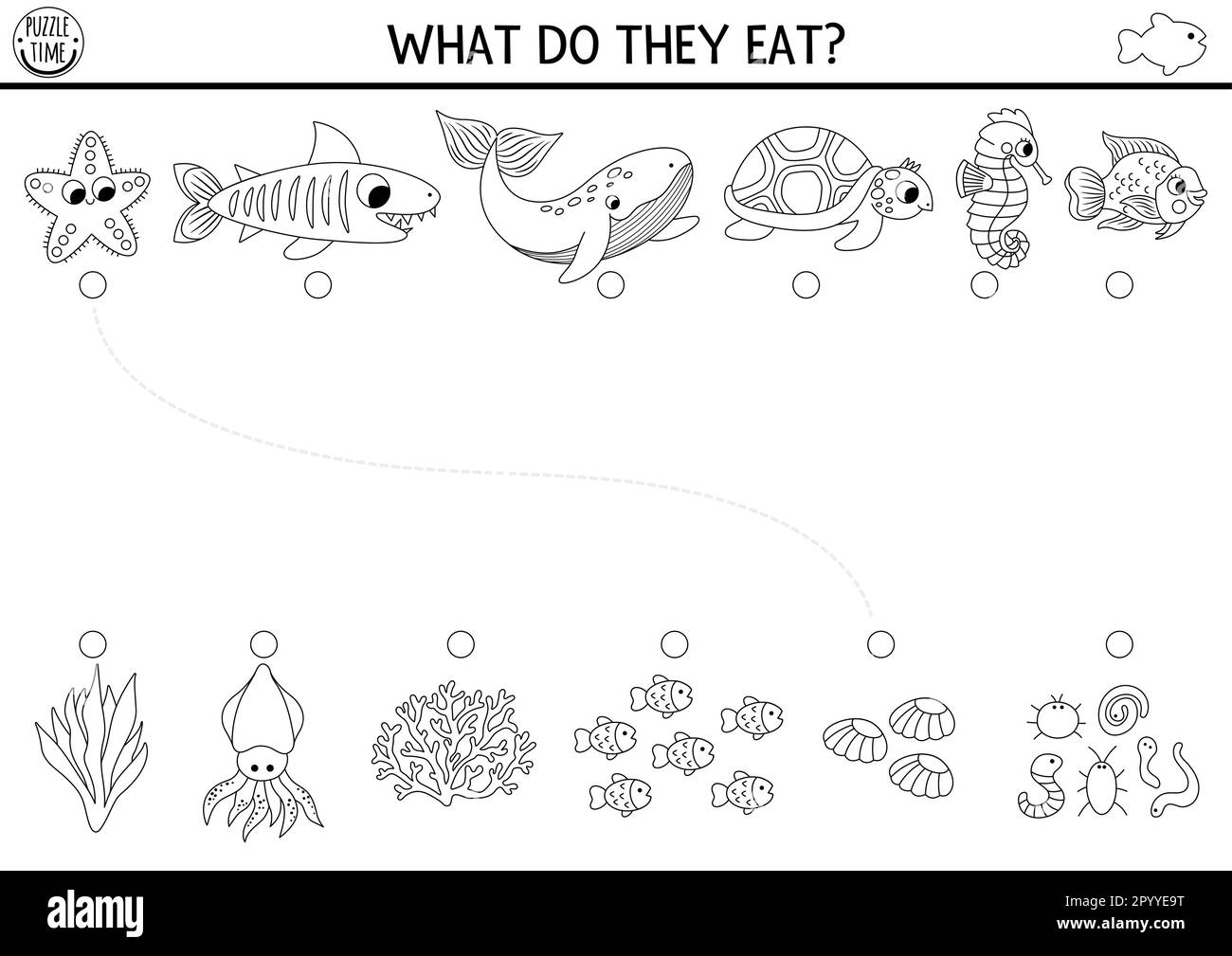 Under the sea black and white matching activity with cute fish food water line puzzle with whale turtle shark match objects game feed animals pr stock vector image art