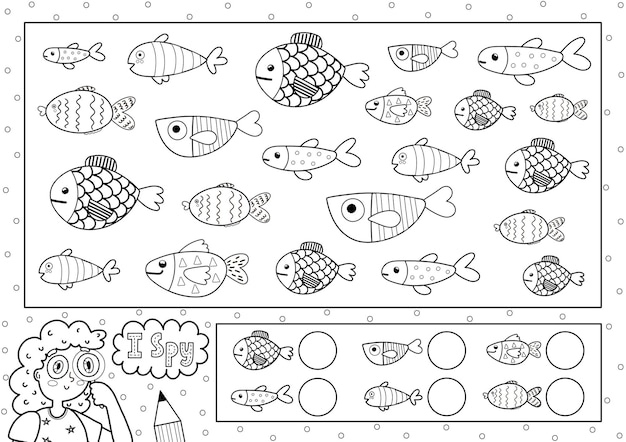 Premium vector i spy game coloring page for kids find and count cute fish search the same object black and white puzzle sea life theme