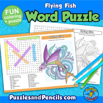 Flying fish word search puzzle and coloring activity page marine life