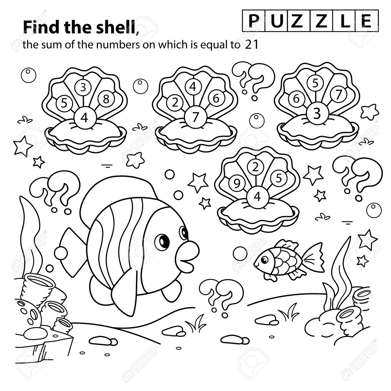 Math addition game puzzle for kids coloring page outline of cartoon fish underwater world coloring book for children royalty free svg cliparts vectors and stock illustration image