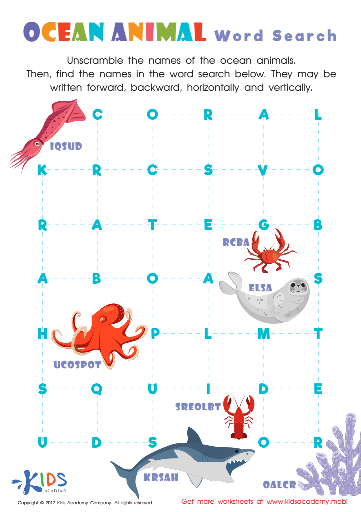 Ocean animals word search printable free printout for kids