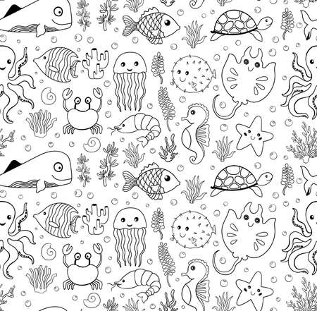 Seamless pattern coloring book ocean animalsea wildlife underwaterbackground cartoon styleãç æ fy ãããããããã
