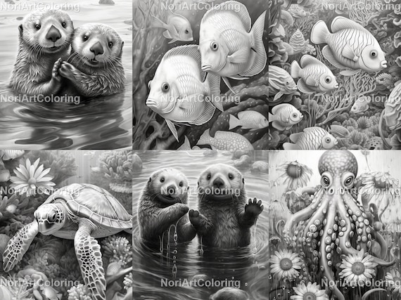 Ocean life grayscale coloring pages otters octopus fishes whales printable adult coloring pages download grayscale illustration instant download