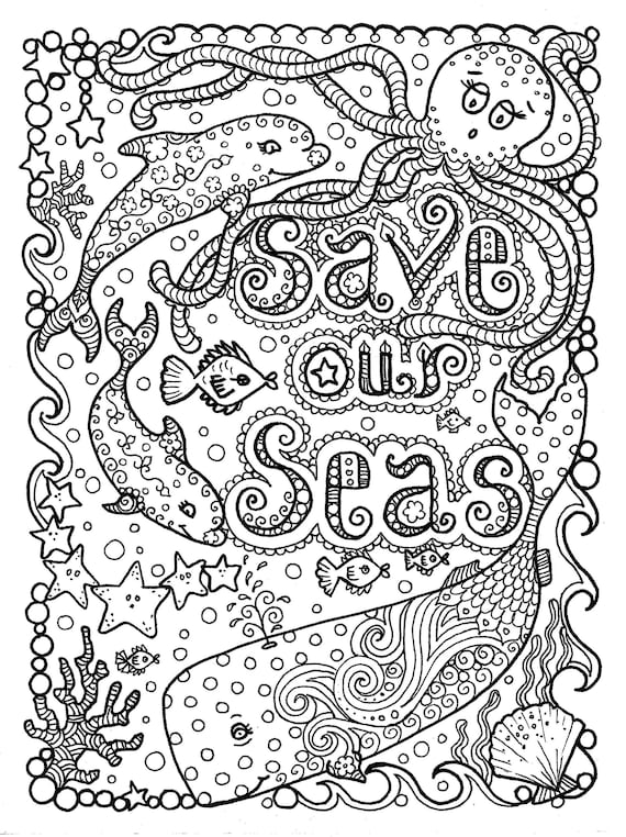 Save our seas digital coloring pagedolphinoctopusswhalebeachmermaidadult coloring download now