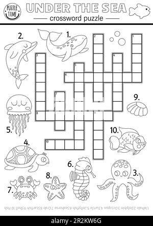 Vector black and white under the sea crossword puzzle for kids simple line ocean life quiz with for children educational marine activity coloring p stock vector image art