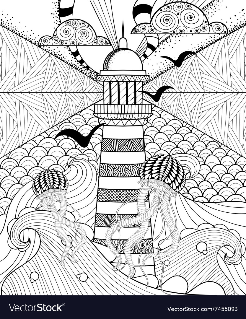 Hand drawn adult coloring page artistically sea vector image