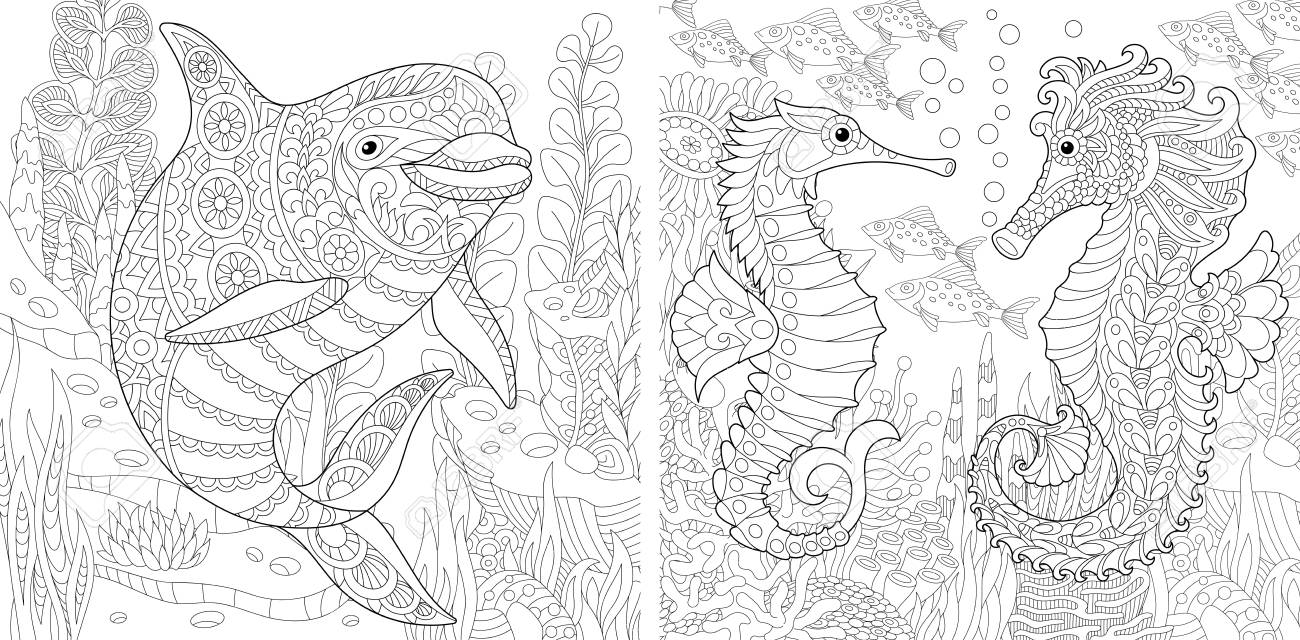 Coloring page adult coloring book underwater ocean world dolphin among marine seaweed sea horse shoal of tropical fishes antistress freehand sketch collection with doodle and zentangle elements royalty free svg cliparts vectors