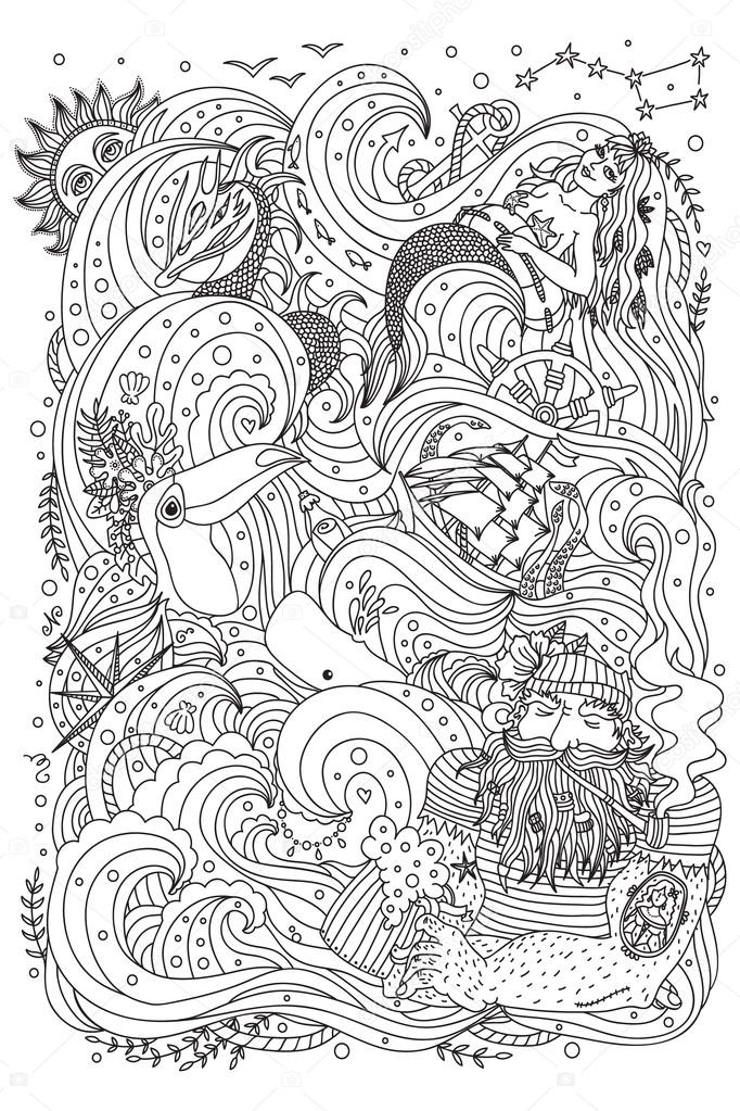 Monochrome ornament for adult coloring book sea theme