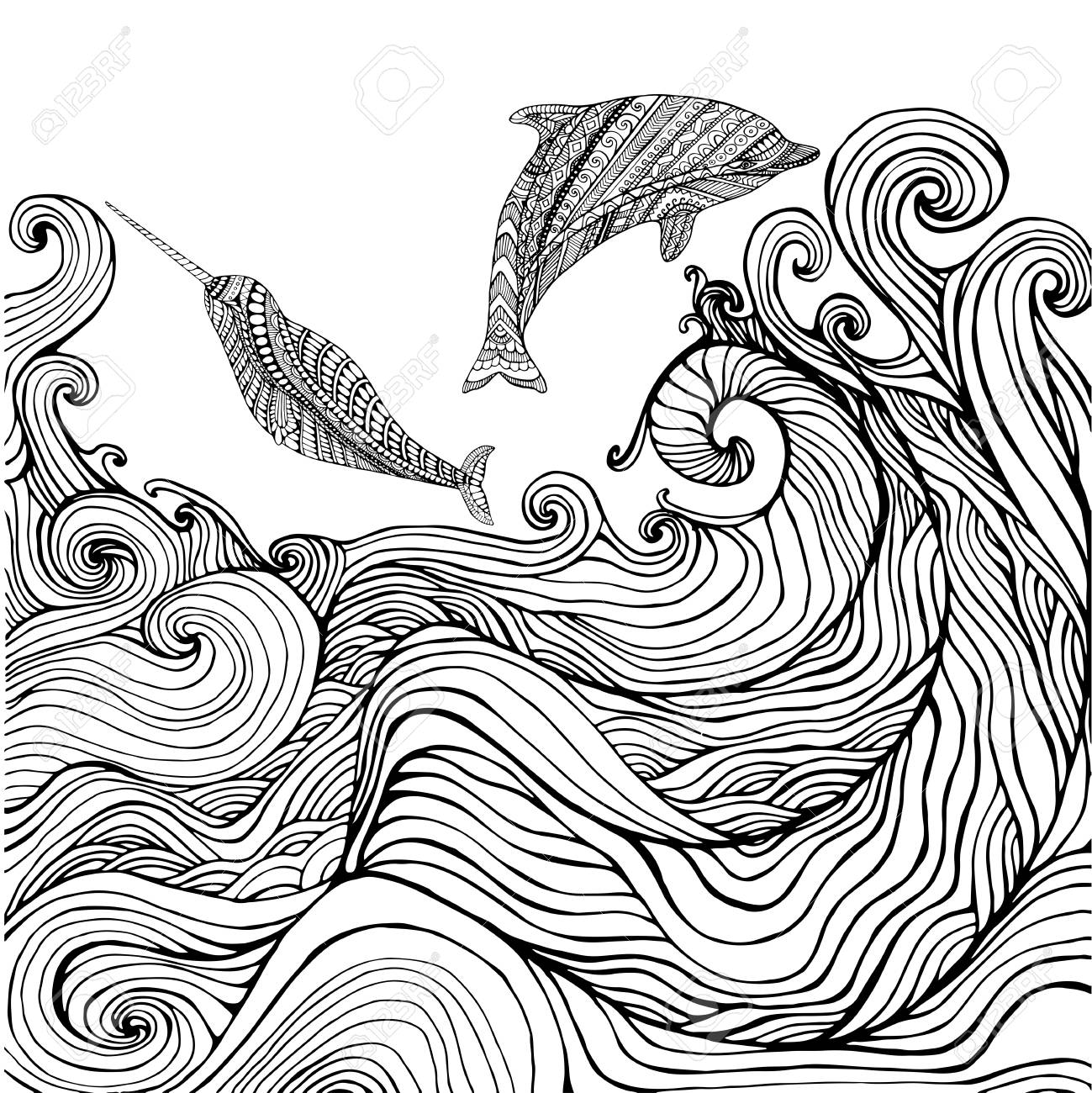 Dolphin and narwhal and ocean waves coloring page for children and adults pattern isolated cartoon character decorative element vector hand drawn anti stress background funny doodle animals royalty free svg cliparts vectors