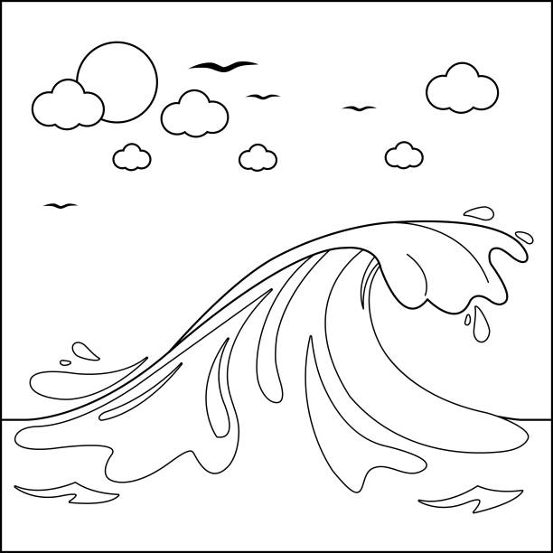 Sea background with big wave vector black and white coloring page stock illustration