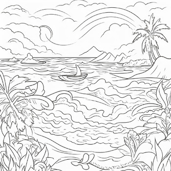 Summer beach scene coloring sheets ocean with waves sandy beach palm trees