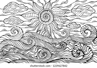 Doodle sun clouds ocean waves coloring stock vector royalty free
