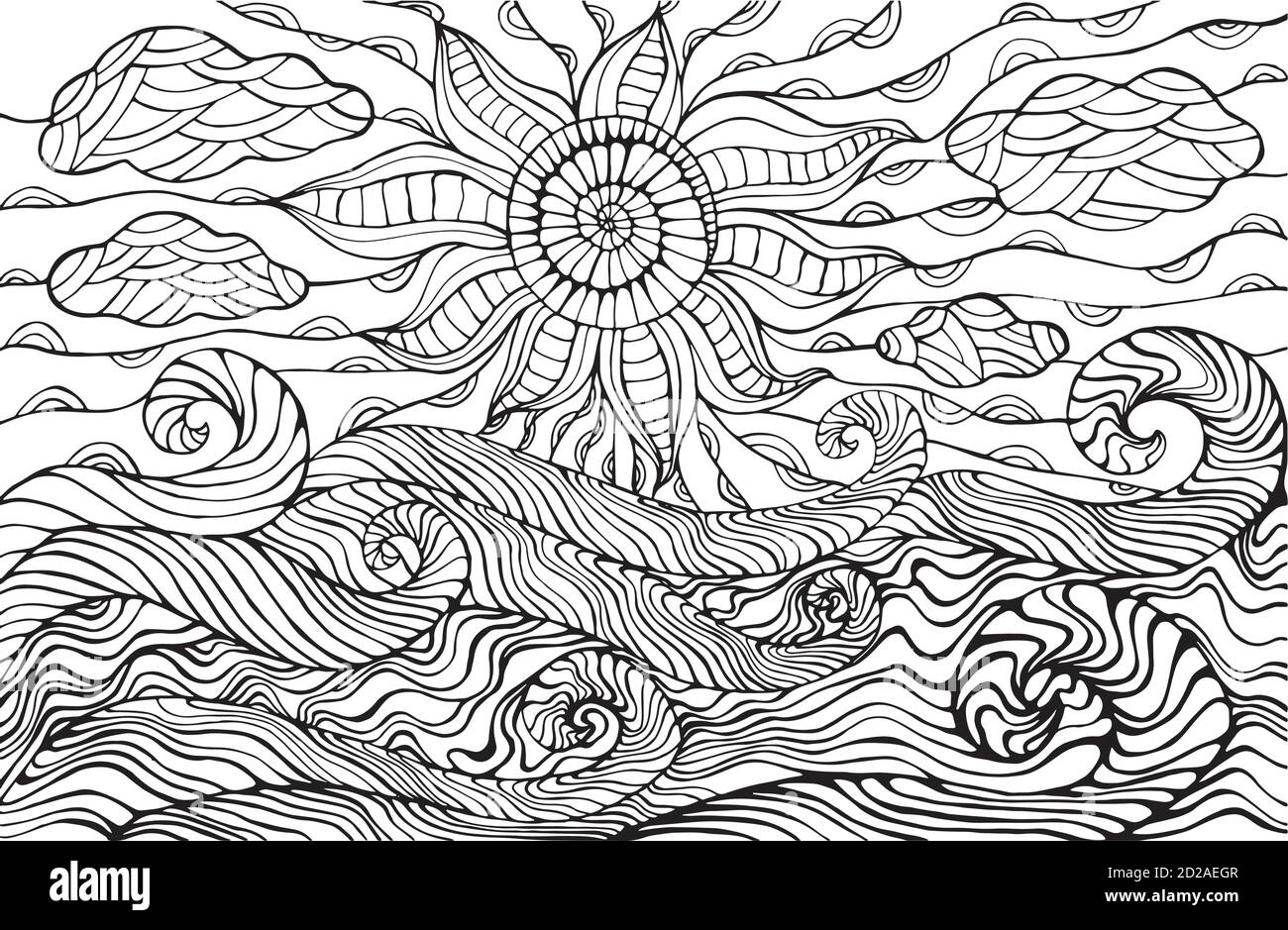 Doodle sun clouds and ocean waves coloring page for children an stock vector image art