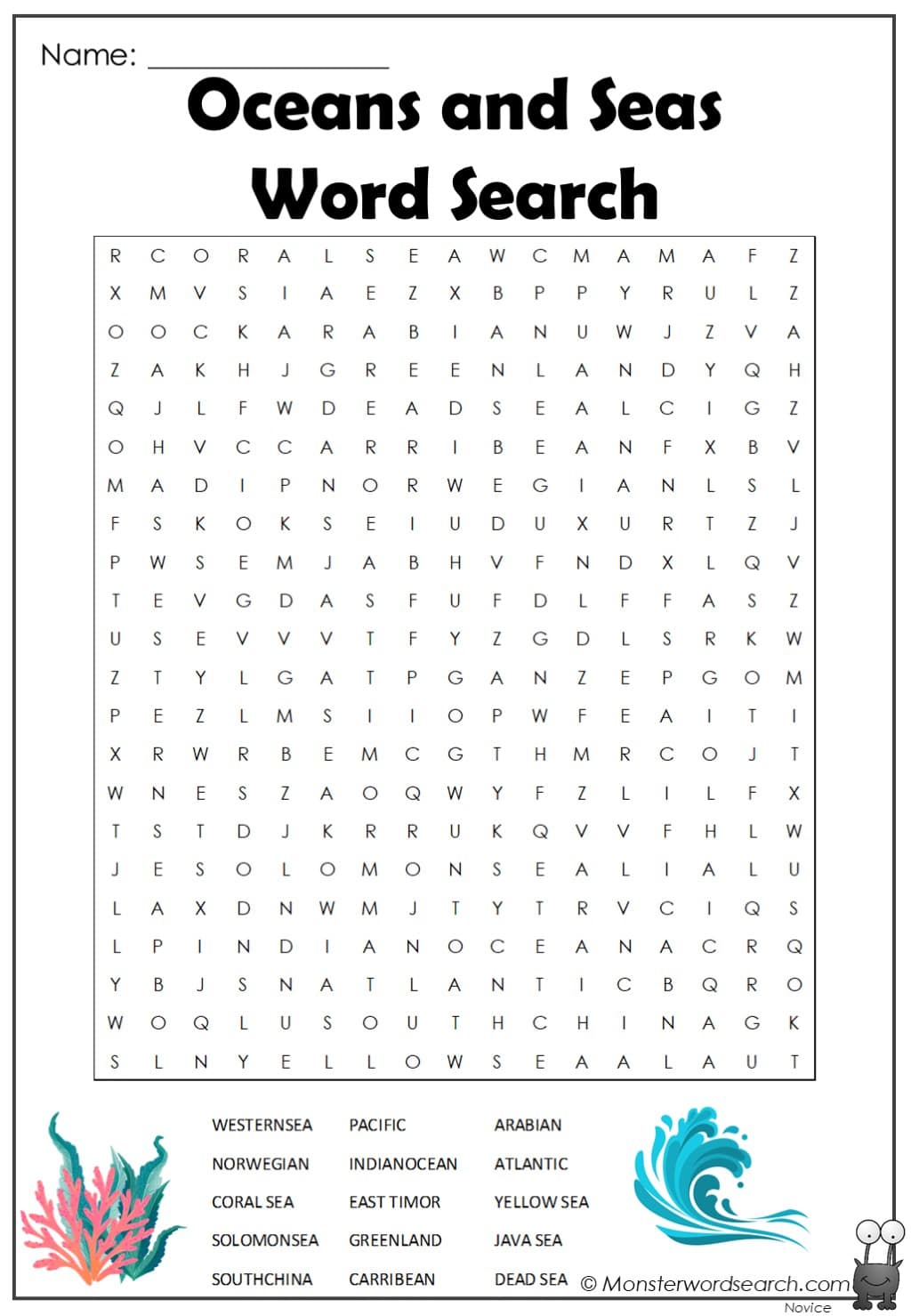 Oceans and seas word search