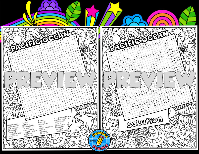 Pacific ocean word search puzzle activity page with colouring world oceans teaching resources