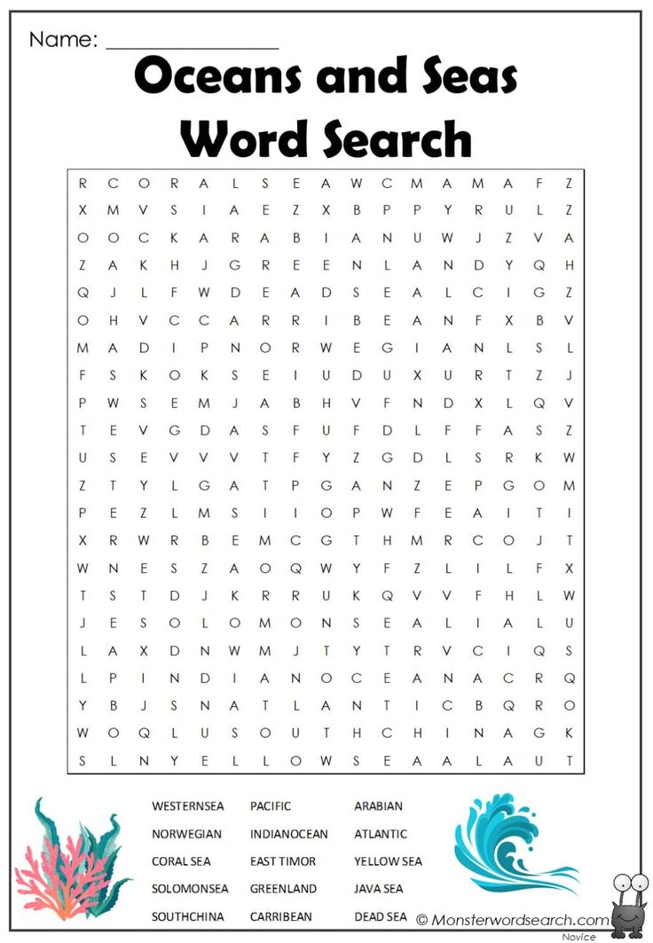 Oceans and seas word search ocean words word find free printable word searches
