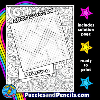 Arctic ocean word search puzzle activity page with coloring world oceans