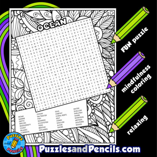 Ocean word search puzzle with coloring biome wordsearch made by teachers