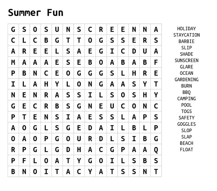 Summer word search puzzles
