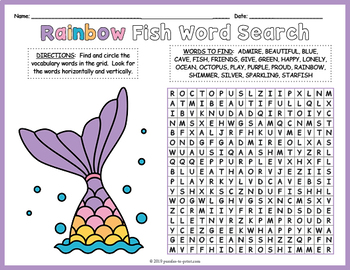 Rainbow fish word search coloring page worksheet activity by puzzles to print