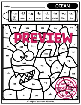 Ocean animals coloring page read color by code cvc word worksheets phonics sheet