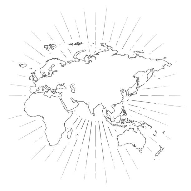 Europe asia africa oceania map with sunbeams on white background stock illustration