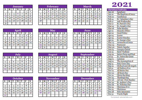 Christian festivals calendar template