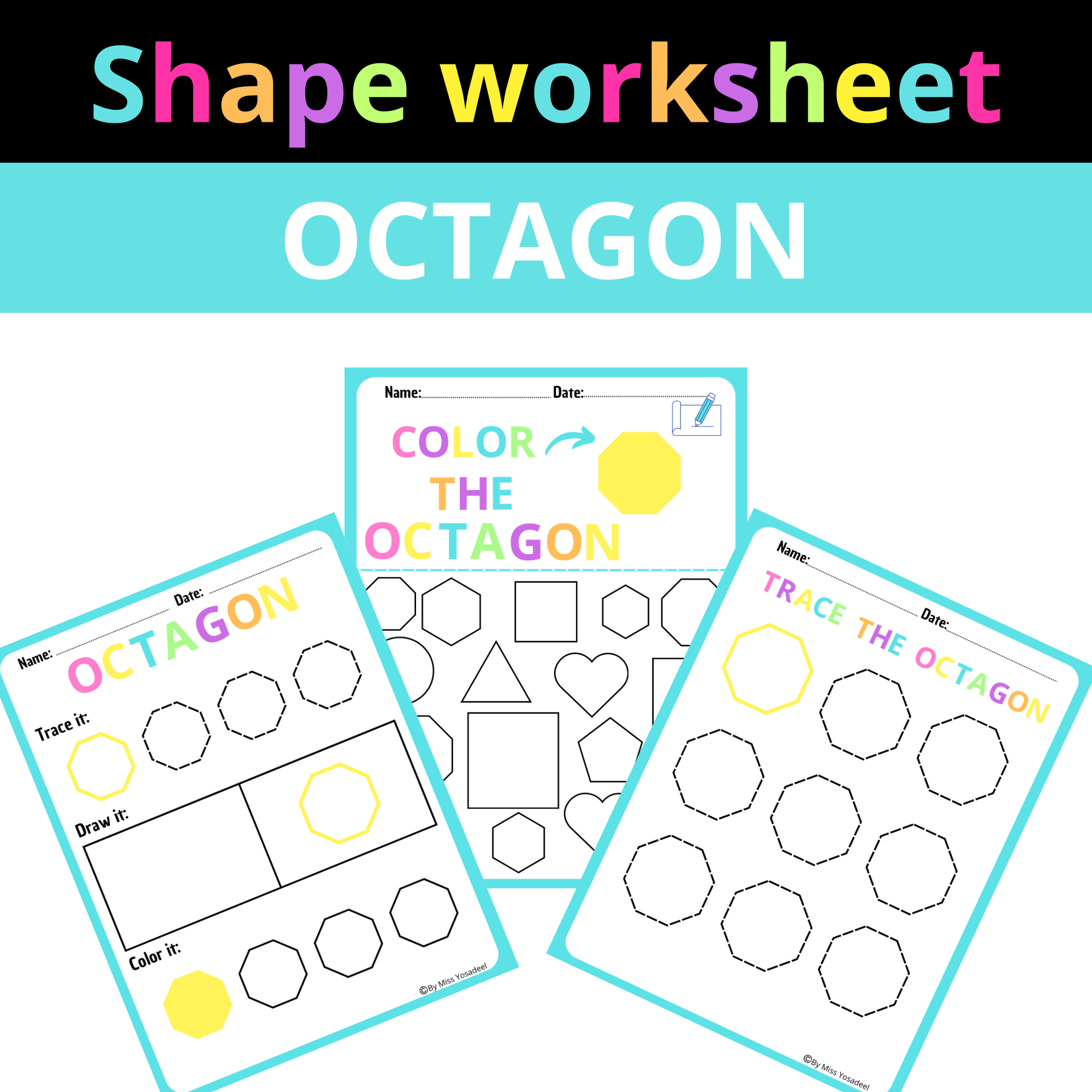 Octagon colorful fun shape worksheets toddlers find color draw and trace made by teachers