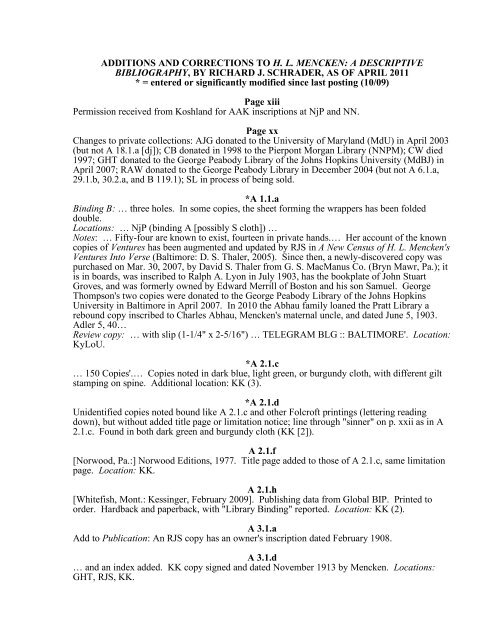 Additions and corrections to hl mencken