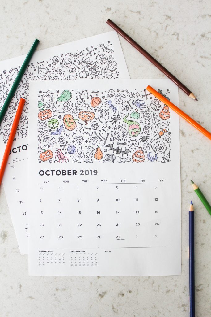 Printable october calendar coloring pages