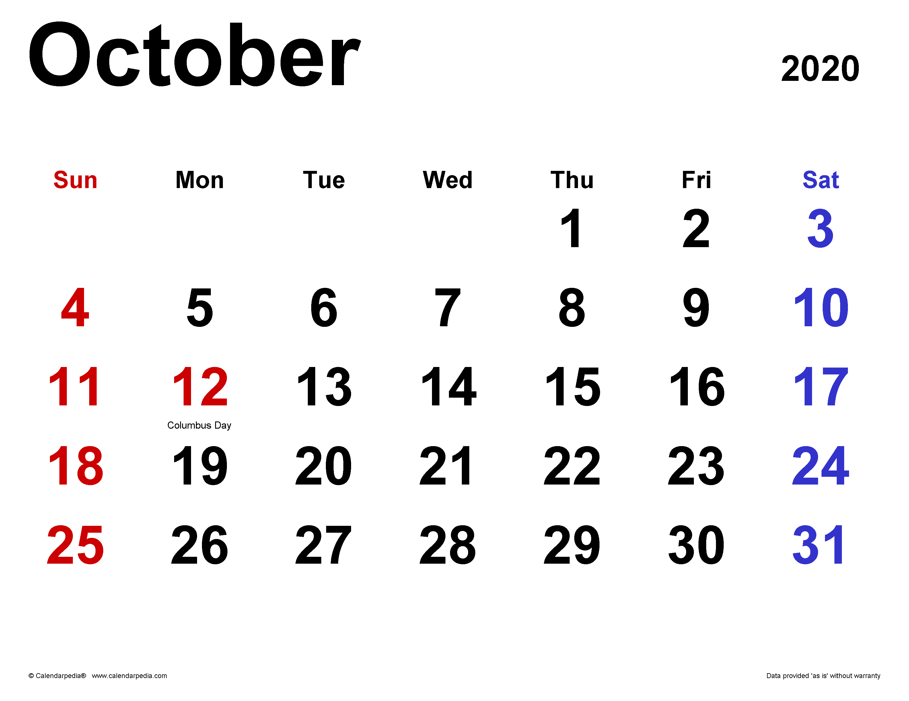 October calendar templates for word excel and pdf