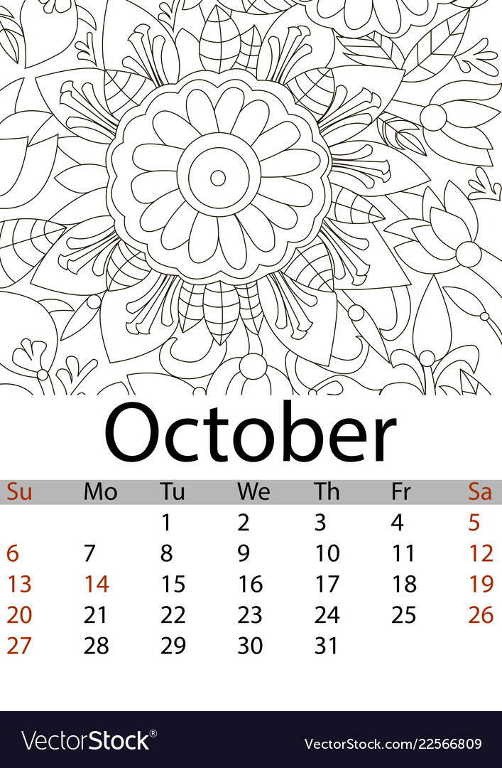 Calendar october month antistress coloring vector image