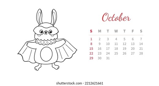 October horizontal calendar page cute stock vector royalty free