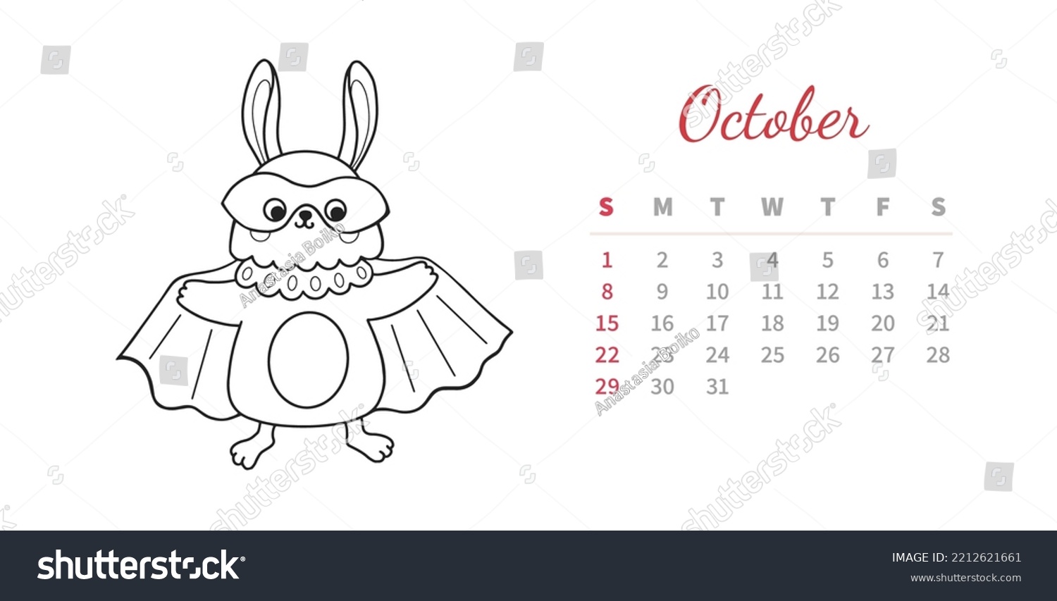 October horizontal calendar page cute stock vector royalty free