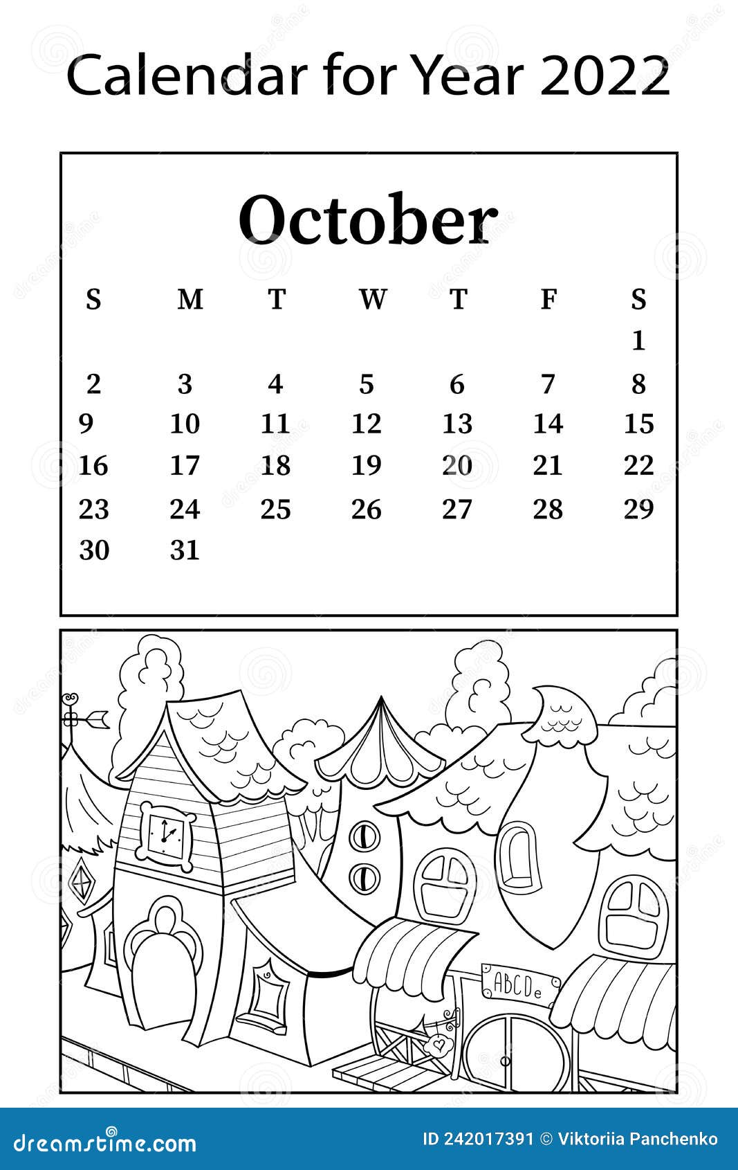 Calendar for month of october vector coloring book children houses for gnomes city street stock vector